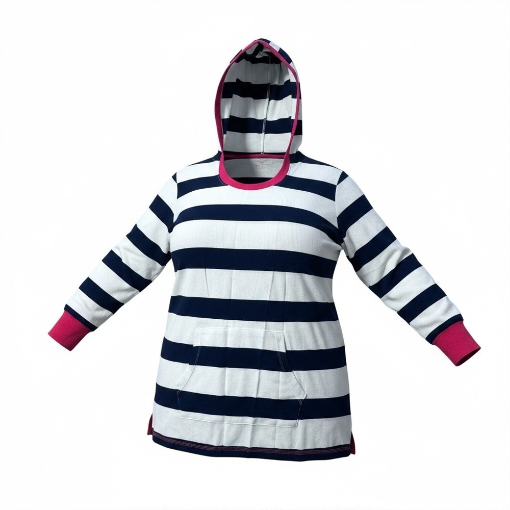 NorthCrest Hoodie Women 3X Navy White Striped Waffle Knit Pink Trim Nautical